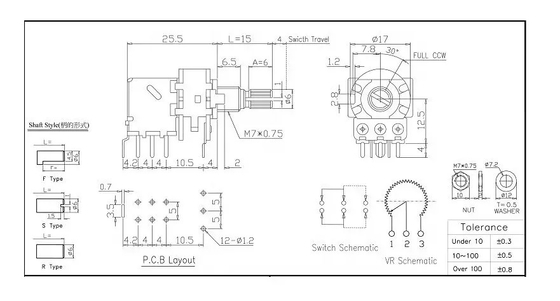 PCB 노브 10k 회전식 전위계 0.2W 가변 저항기 포트 DPDT