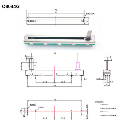 C6044G 이중 전위차계 탄소 필름 슬라이드 전위차계 60mm 여행 5K 10K 선형 스테레오 전위차계